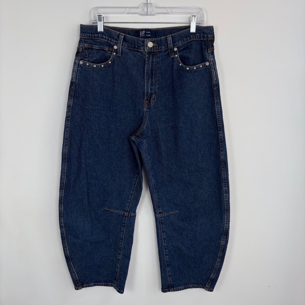 Gap Denim High Rise Studded Barrel Jeans Dark Wash Low Stretch Denim 10 Short - Picture 3 of 11